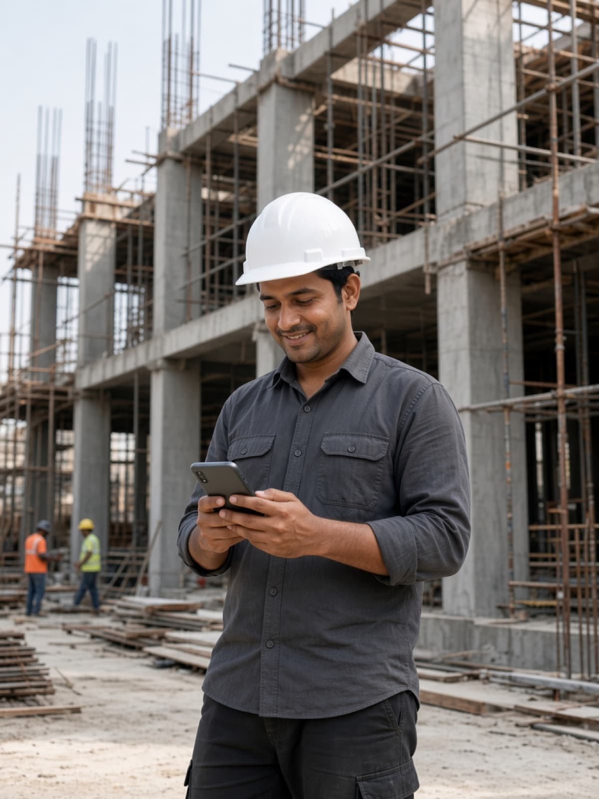 Construction professional ordering materials on a smartphone at a building site